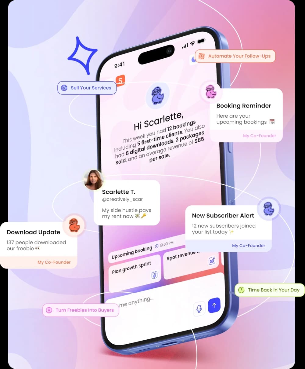 Illustration of Fluum AI Co-Founder on a smartphone, showing solo business performance insights such as bookings, new clients, digital downloads, package sales, and revenue trends, highlighting its role as an AI partner that helps freelancers, solopreneurs and creators automate growth and manage their business.